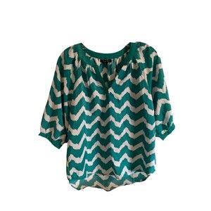 ANTILIA FEMME Size Small Teal White Chevron V Neck High Low Blouse EXCELLENT!